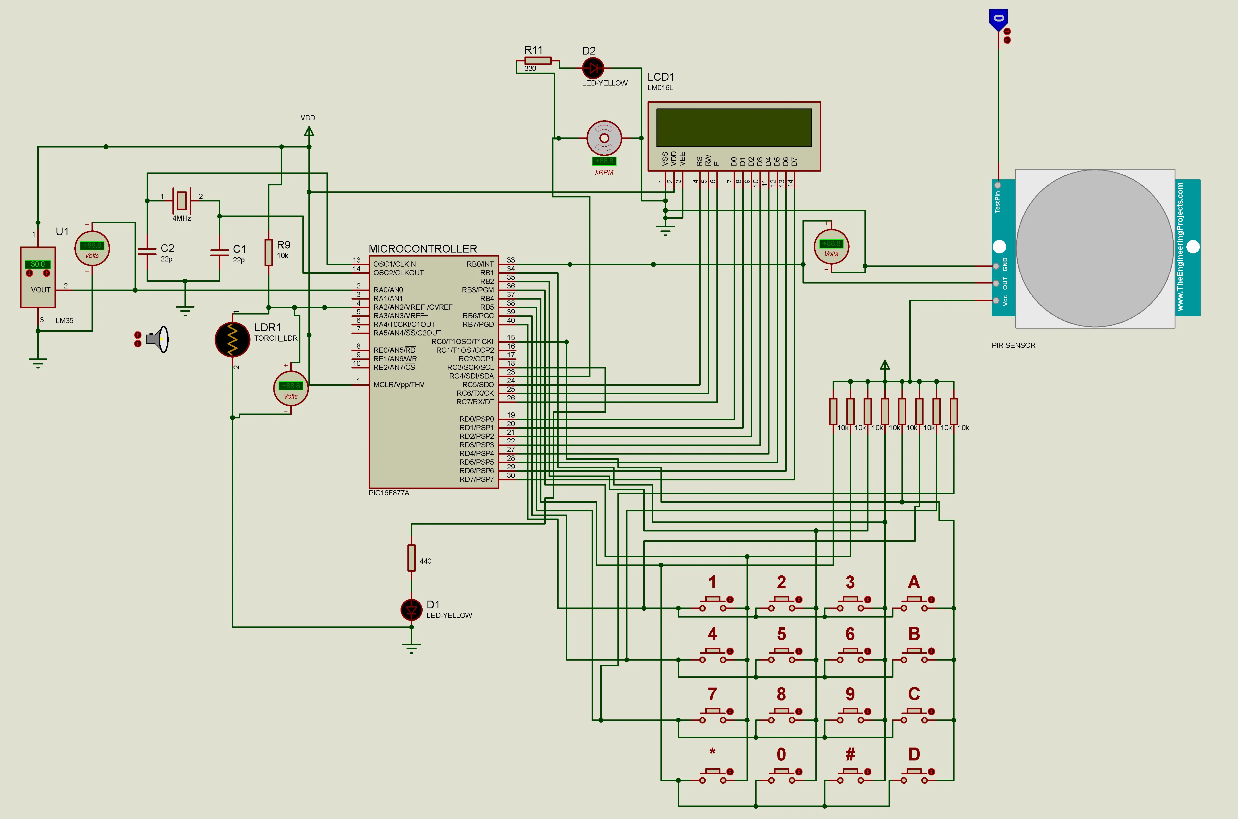 Proteus simulation of the embedded smart-room controller